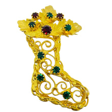 Load image into Gallery viewer, Vintage gold tone Christmas stocking rhinestone designer brooch
