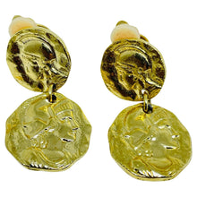 Load image into Gallery viewer, Vintage gold tone Etruscan coin dangle designer clip on earrings
