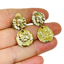 Load image into Gallery viewer, Vintage gold tone Etruscan coin dangle designer clip on earrings
