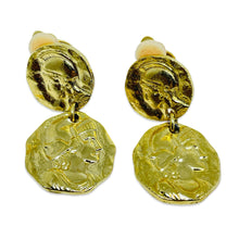 Load image into Gallery viewer, Vintage gold tone Etruscan coin dangle designer clip on earrings
