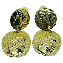 Load image into Gallery viewer, Vintage gold tone Etruscan coin dangle designer clip on earrings
