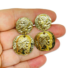 Load image into Gallery viewer, Vintage gold tone Etruscan coin dangle designer clip on earrings
