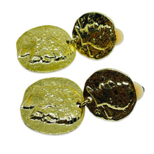 Load image into Gallery viewer, Vintage gold tone Etruscan coin dangle designer clip on earrings
