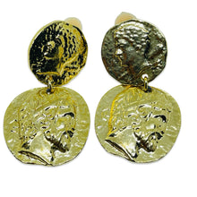 Load image into Gallery viewer, Vintage gold tone Etruscan coin dangle designer clip on earrings
