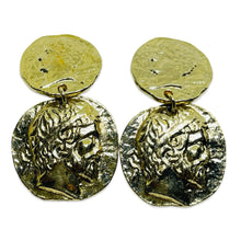 Load image into Gallery viewer, Vintage gold tone Etruscan coin dangle designer clip on earrings
