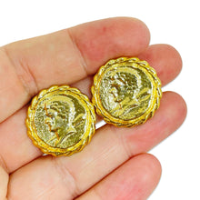 Load image into Gallery viewer, Vintage gold tone Etruscan coin designer clip on earrings
