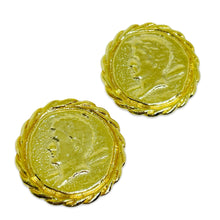 Load image into Gallery viewer, Vintage gold tone Etruscan coin designer clip on earrings
