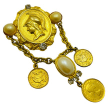 Load image into Gallery viewer, Vintage gold tone Etruscan style coin pearl rhinestone dangle designer brooch
