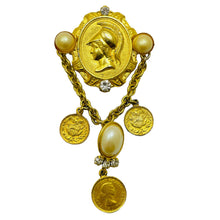 Load image into Gallery viewer, Vintage gold tone Etruscan style coin pearl rhinestone dangle designer brooch
