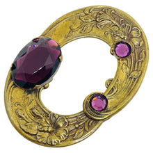 Load image into Gallery viewer, Vintage gold tone European amethyst glass large brooch
