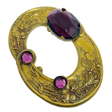 Load image into Gallery viewer, Vintage gold tone European amethyst glass large brooch
