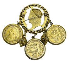 Load image into Gallery viewer, Vintage gold tone Republique Francaise dangle coin designer brooch
