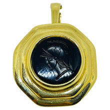 Load image into Gallery viewer, Vintage gold tone Roman glass onyx intaglio designer enhancer pendant
