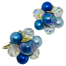 Load image into Gallery viewer, Vintage gold tone ab crystal blue beaded cluster clip on earrings
