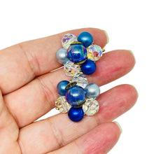 Load image into Gallery viewer, Vintage gold tone ab crystal blue beaded cluster clip on earrings
