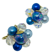 Load image into Gallery viewer, Vintage gold tone ab crystal blue beaded cluster clip on earrings
