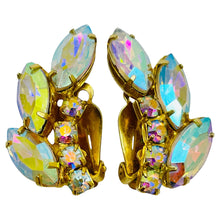 Load image into Gallery viewer, Vintage gold tone ab navette glass designer clip on earrings
