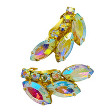 Load image into Gallery viewer, Vintage gold tone ab navette glass designer clip on earrings

