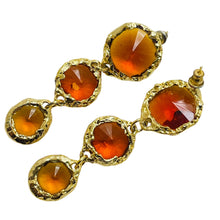 Load image into Gallery viewer, Vintage gold tone amber dangle glass designer dangle pierced earrings

