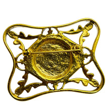 Load image into Gallery viewer, Vintage gold tone amber glass designer brooch
