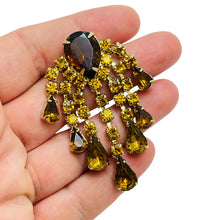 Load image into Gallery viewer, Vintage gold tone amber rhinestone dangle designer brooch
