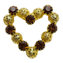Load image into Gallery viewer, Vintage gold tone amber rhinestone heart designer brooch
