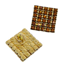 Load image into Gallery viewer, Vintage gold tone amber rhinestoned square designer pierced earrings
