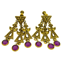 Load image into Gallery viewer, Vintage gold tone amethyst glass dangle designer clip on earrings
