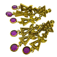 Load image into Gallery viewer, Vintage gold tone amethyst glass dangle designer clip on earrings
