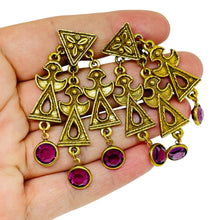 Load image into Gallery viewer, Vintage gold tone amethyst glass dangle designer clip on earrings

