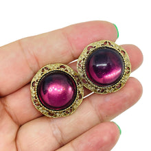 Load image into Gallery viewer, Vintage gold tone amethyst glass designer clip on earrings
