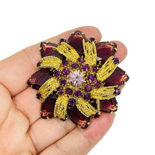Load image into Gallery viewer, Vintage gold tone amethyst glass rhinestones flower designer brooch
