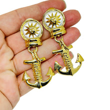 Load image into Gallery viewer, Vintage gold tone anchor sun face designer pierced earrings
