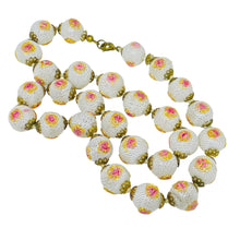 Load image into Gallery viewer, Vintage gold tone art glass pink gold painted roses designer beaded necklace
