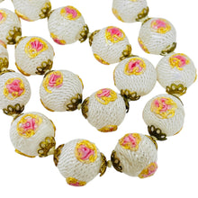 Load image into Gallery viewer, Vintage gold tone art glass pink gold painted roses designer beaded necklace
