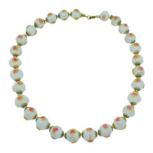 Load image into Gallery viewer, Vintage gold tone art glass pink gold painted roses designer beaded necklace
