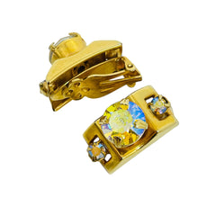Load image into Gallery viewer, Vintage gold tone aurora borealis glass stones designer clip on earrings
