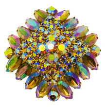 Load image into Gallery viewer, Vintage gold tone aurora rhinestone massive designer brooch
