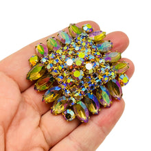 Load image into Gallery viewer, Vintage gold tone aurora rhinestone massive designer brooch
