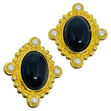 Load image into Gallery viewer, Vintage gold tone black cab pearls Maltese cross designer clip on earrings
