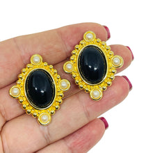 Load image into Gallery viewer, Vintage gold tone black cab pearls Maltese cross designer clip on earrings
