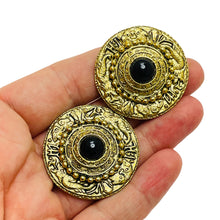 Load image into Gallery viewer, Vintage gold tone black cabs designer clip on earrings
