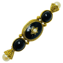 Load image into Gallery viewer, Vintage gold tone black cabs faux pearls designer brooch
