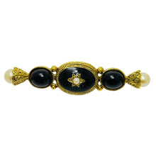 Load image into Gallery viewer, Vintage gold tone black cabs faux pearls designer brooch
