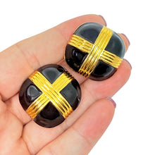 Load image into Gallery viewer, Vintage gold tone black enamel designer 80's clip on earrings
