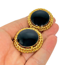 Load image into Gallery viewer, Vintage gold tone black enamel designer 80's clip on earrings
