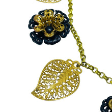 Load image into Gallery viewer, Vintage gold tone black enamel flowers designer chain necklace
