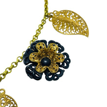 Load image into Gallery viewer, Vintage gold tone black enamel flowers designer chain necklace
