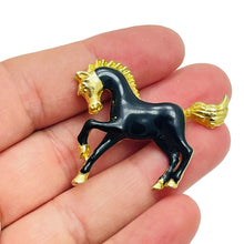 Load image into Gallery viewer, Vintage gold tone black enamel horse figural designer brooch
