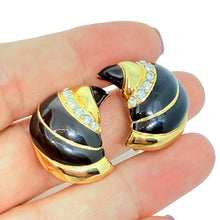 Load image into Gallery viewer, Vintage gold tone black enamel rhinestones designer clip on earrings

